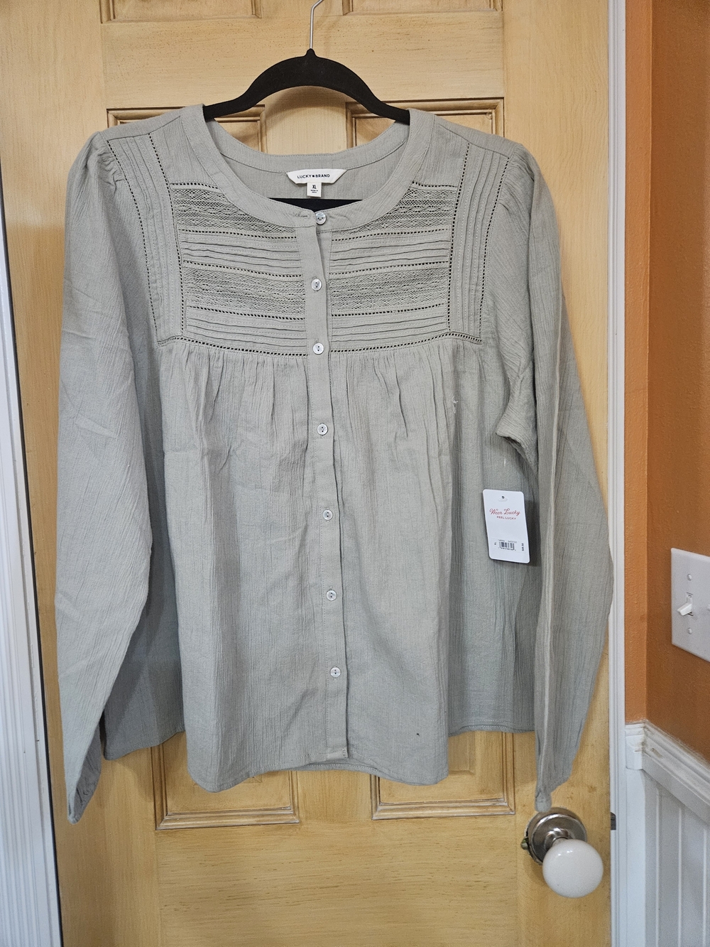 Lucky Brand Light Gray/olive Button-Front Pintuck Blouse